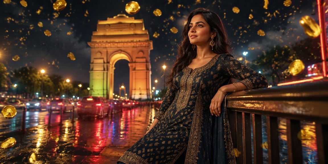 Woman enjoying live casino gaming on mobile device in Delhi near India Gate